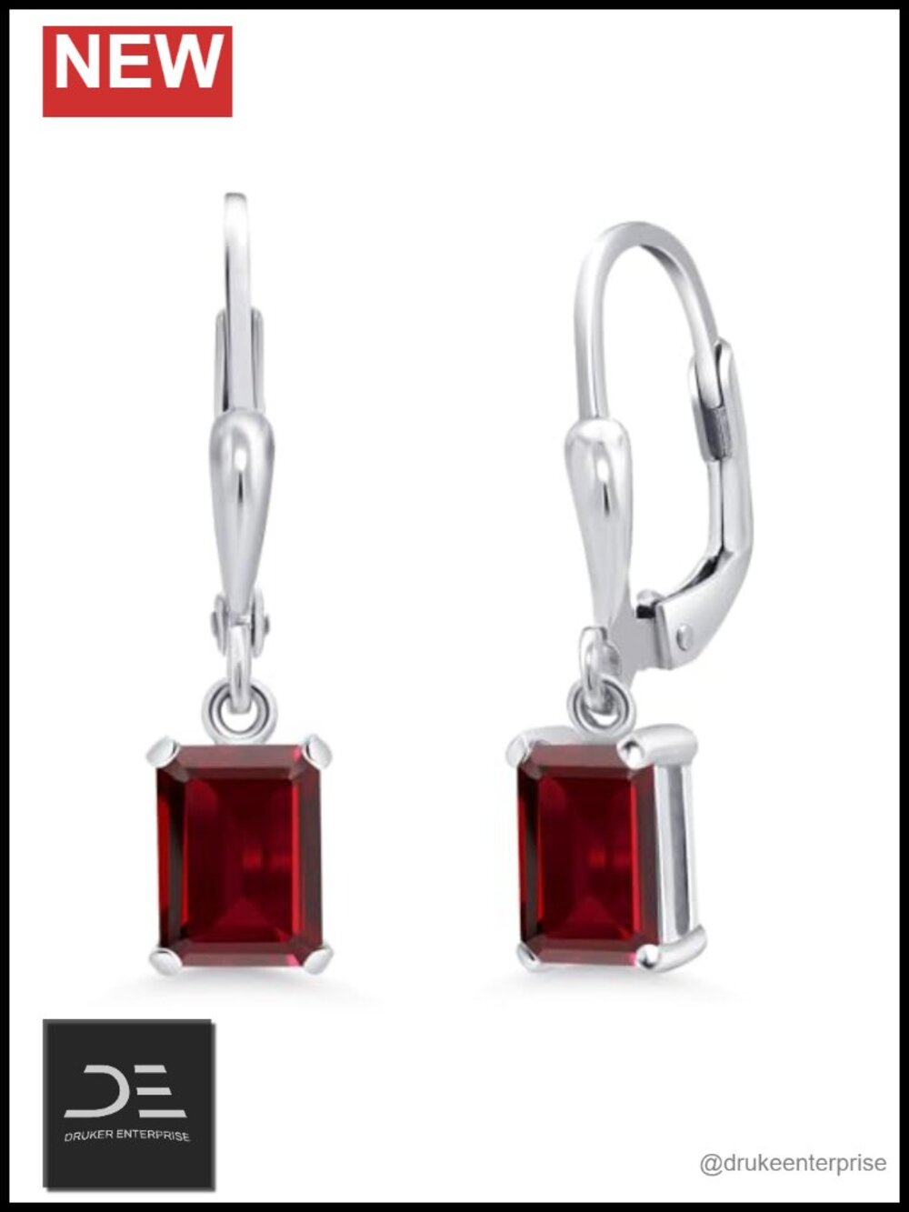 925 Sterling Silver Leverback Drop Dangle Earrings Emerald Cut Gemstone